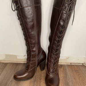 MIA brown leather high heel lace up knee high boots